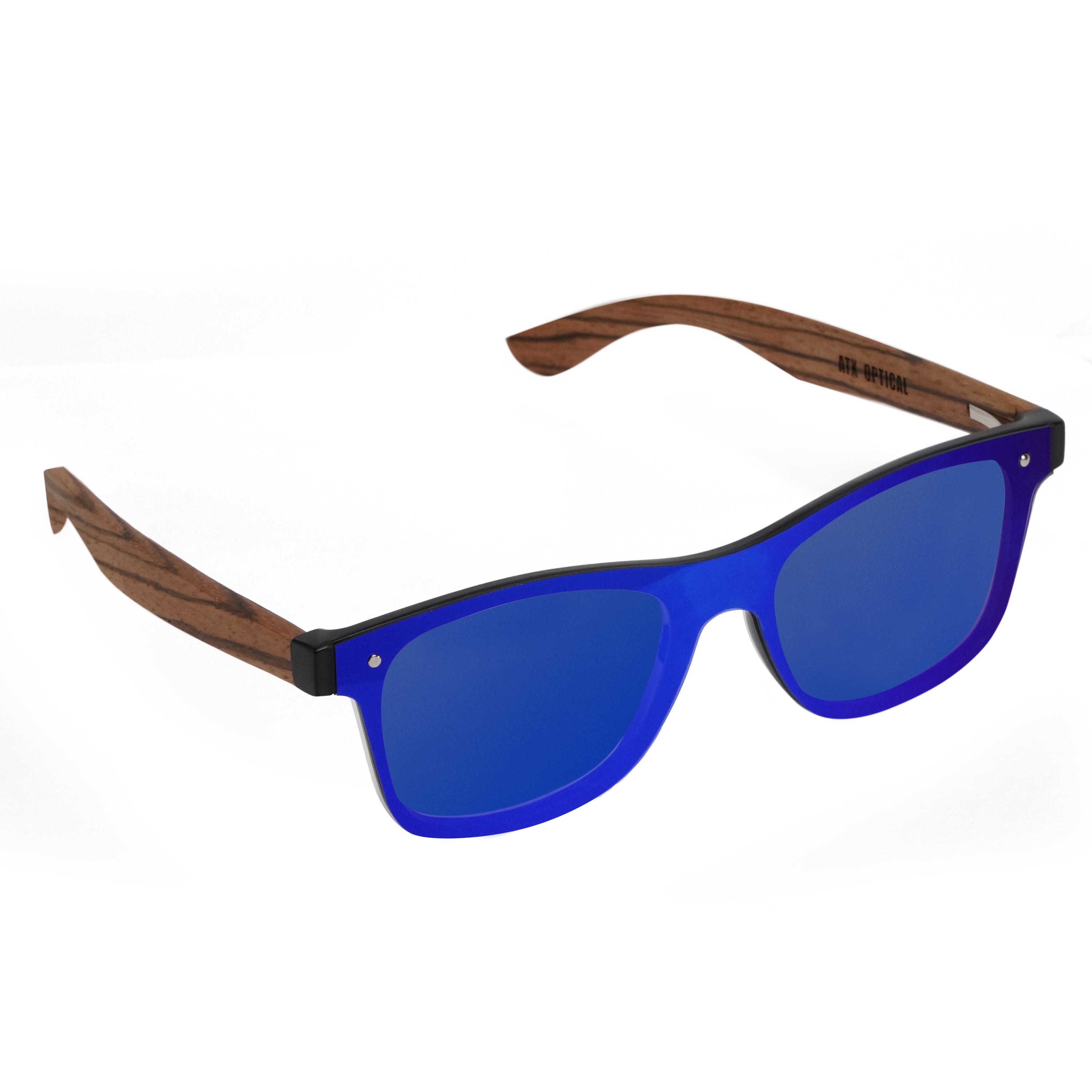 XXL Mens Extra Large Wooden Classic Polarized Sunglasses for Big Wide Heads 155mm One Piece Lens by ATX Optical Zebra / Blue